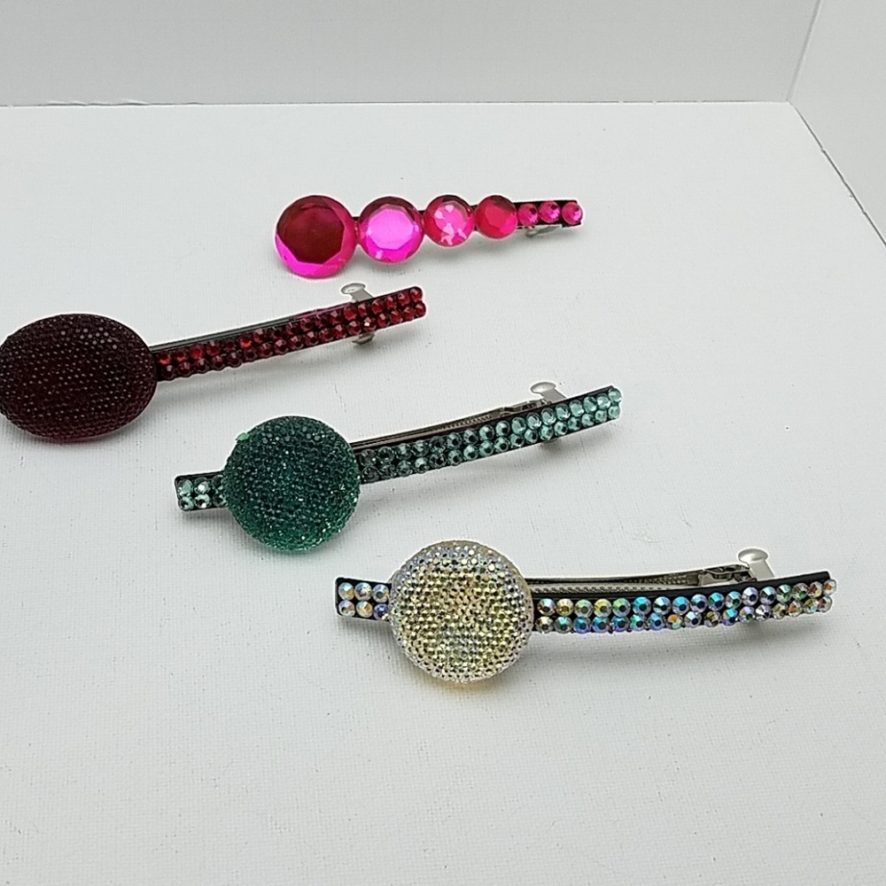 Faux Rhinestone Barette Red Clear Green 4" & Pink 3" Set of 4